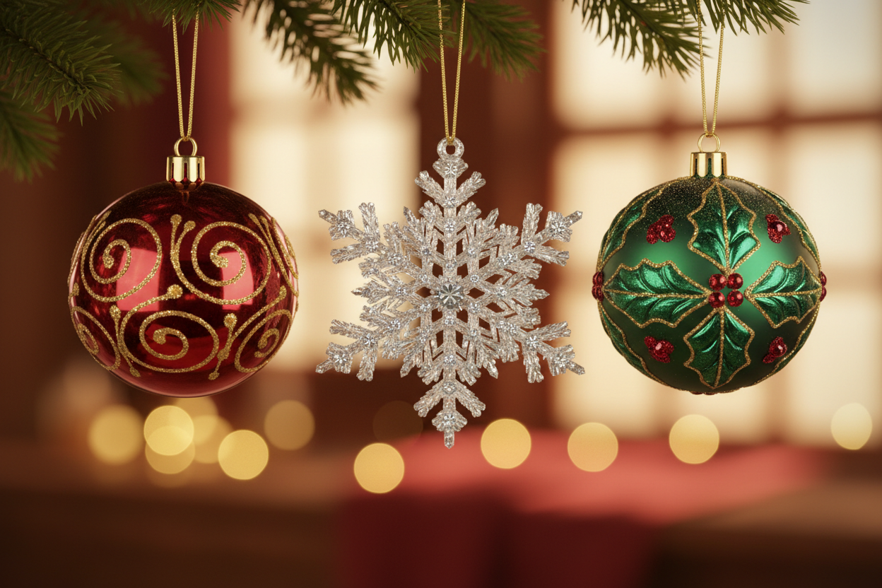 three Christmas tree ornaments